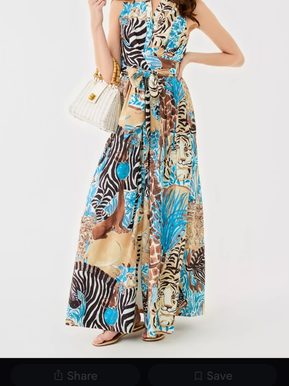 Lilly Pulitzer Turquoise, Tan & Black Animal-Print Maxi Dress with Tie Waist.
